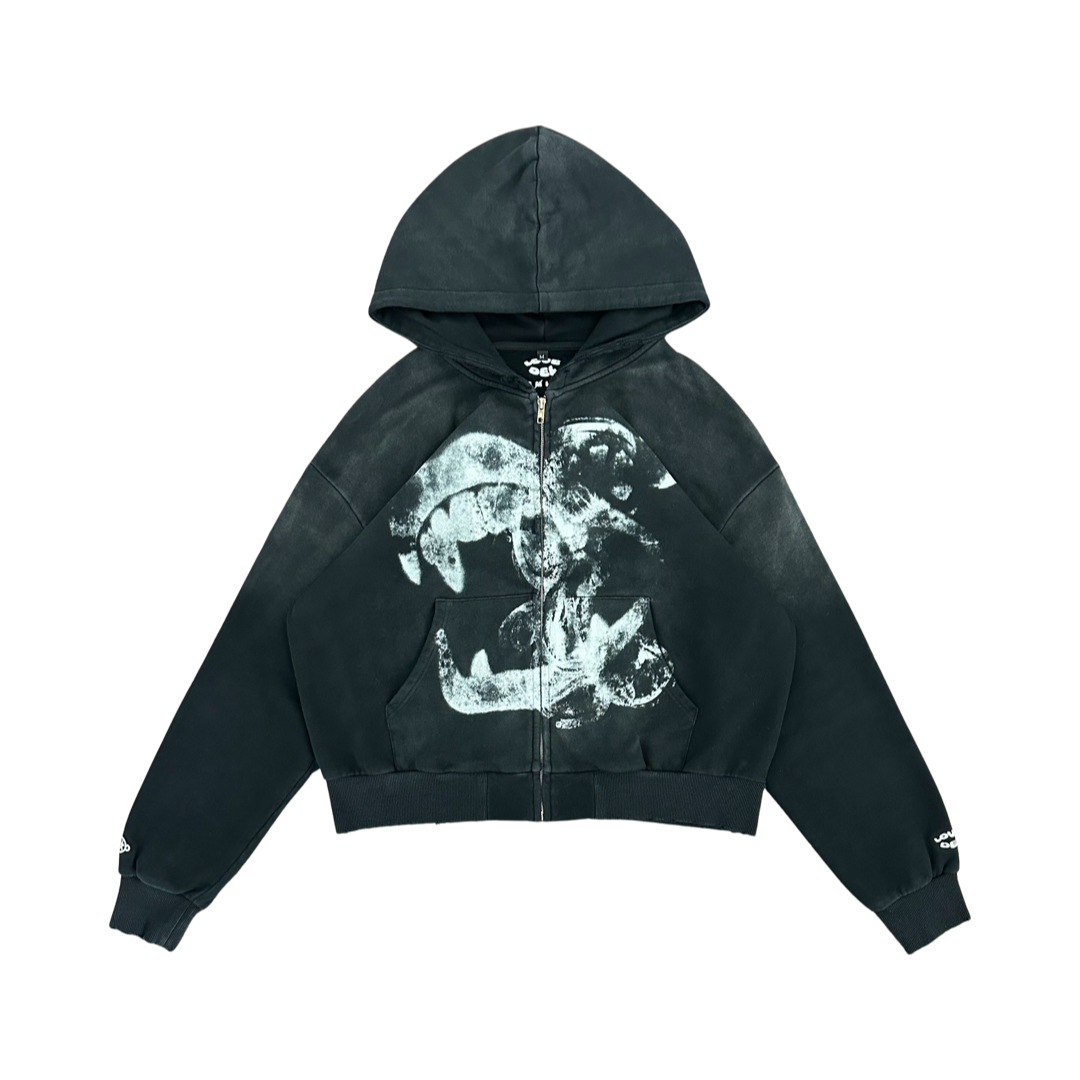 Fangs 'White' Zip-Up Hoodie (Aged Black)